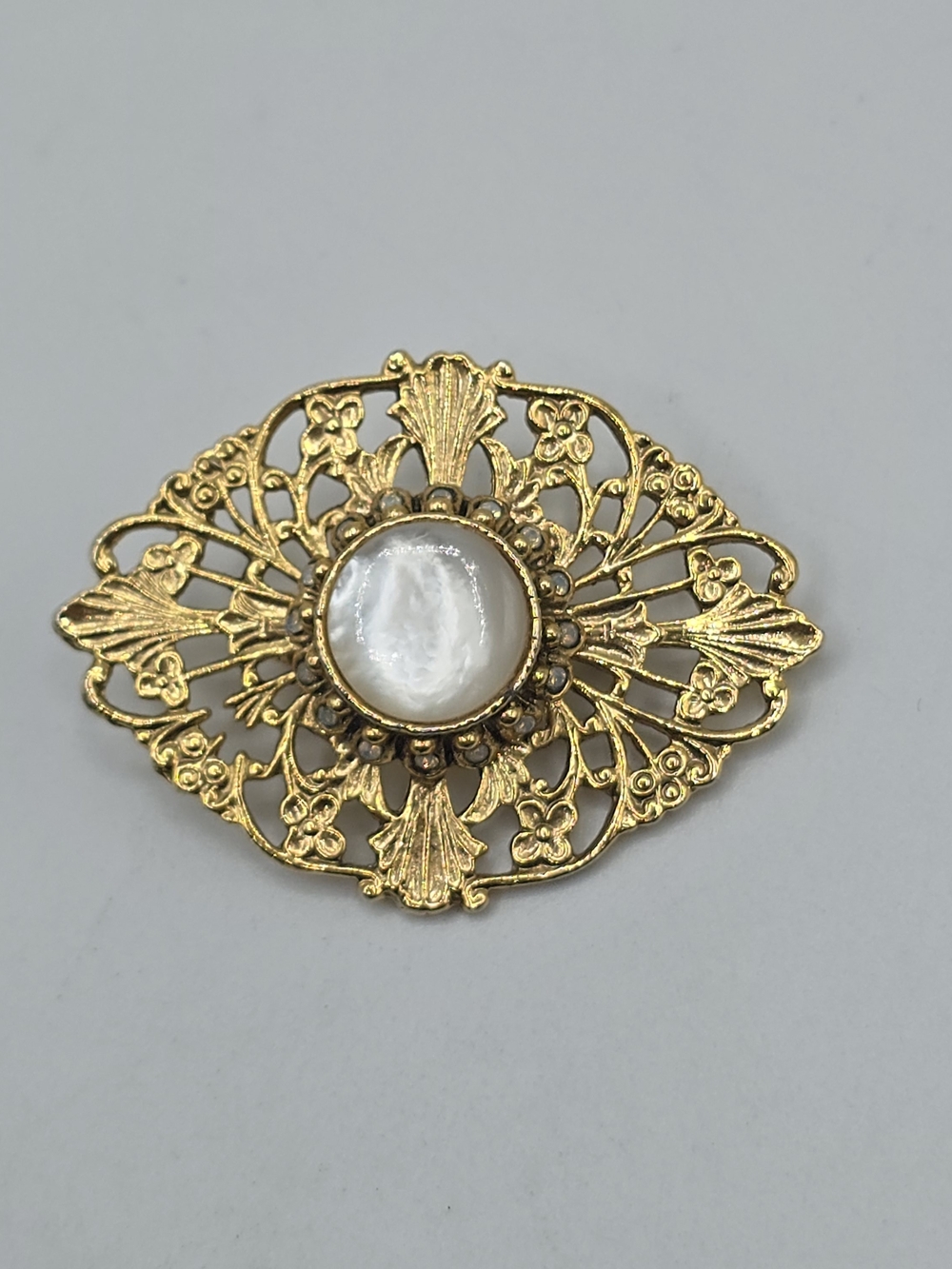 VTG Filigree Brooch White MOP Cabochon Gold Tone Victorian Revival Pin  2"